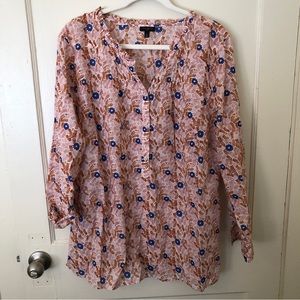 Talbots Pink Floral Button-Front Blouse with Blue and Brown Accents